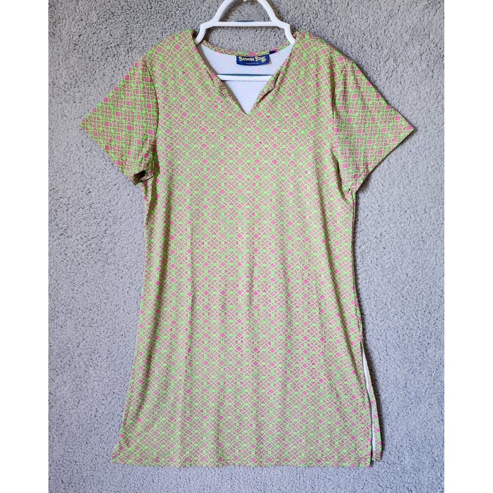 Banana Boat Sun Dress Womens L Pink Green Geometric UPF 50+‎ Short Sleeve V Neck